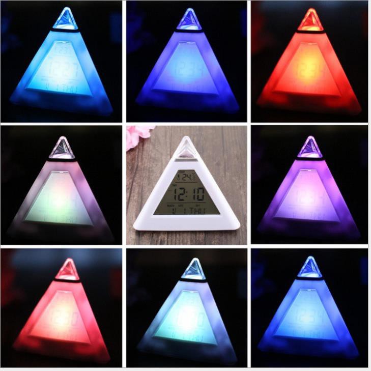 Đồng hồ điện tử hình dạng kim tự tháp để bàn đổi màu siêu cute
