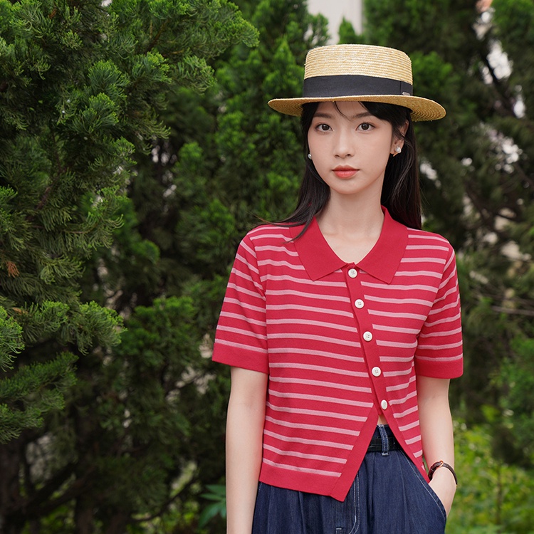 Áo Cardigan Dệt Kim Tay Ngắn Kẻ Sọc Thiết Kế Xẻ Tà Cá Tính