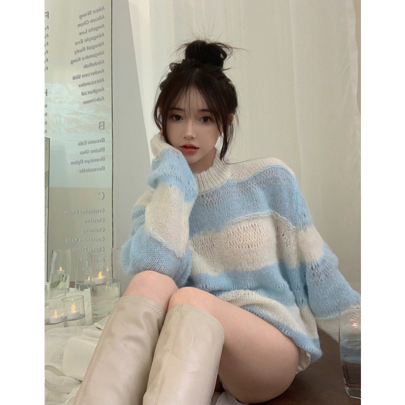 Áo Dệt Kim Mỏng Dáng Rộng Họa Tiết Kẻ Sọc Rỗng Thời Trang Hàn Quốc