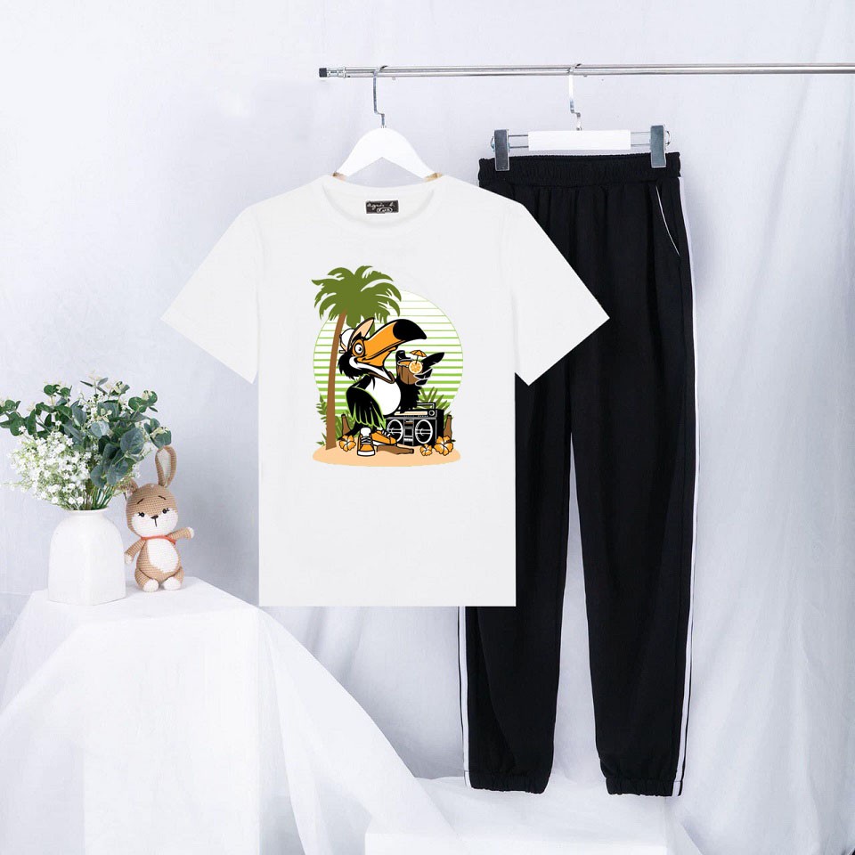 Sét Bộ Quần Áo Ulzzang Mùa Hè Nữ Mặc Đi Chơi Xinh Cute, Áo Phông Cotton Ngắn Tay In 3D Quạ Du Lịch Mix Quần Thun Bo Gấu