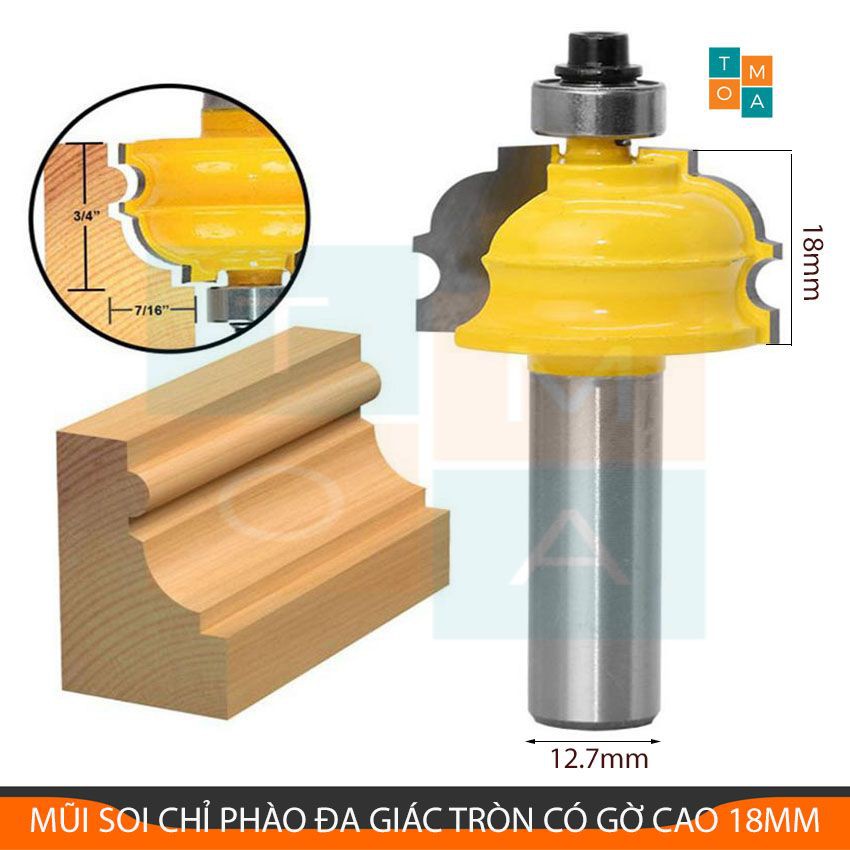 MŨI PHAY CHỈ PHÀO ĐA GIÁC TRÒN CÓ GỜ CAO 18MM - MŨI SOI GỖ CỐT 12.7MM