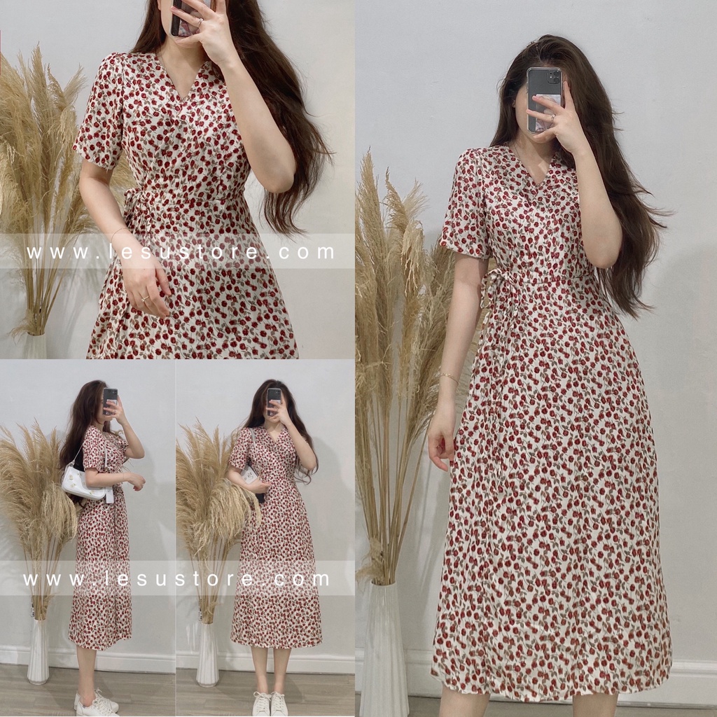 ẢNH TỰ CHỤP Đầm nhung hoa midi đắp chéo tà
