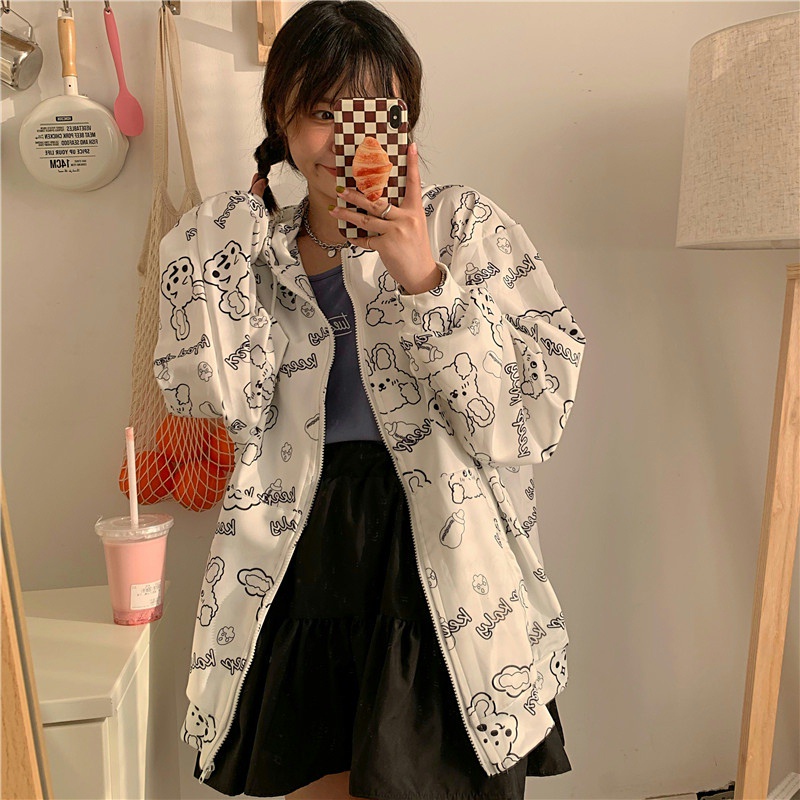 Áo Hoodie Tay Dài Dáng Rộng Phối Khóa Kéo In Họa Tiết Thời Trang Dễ Phối Đồ