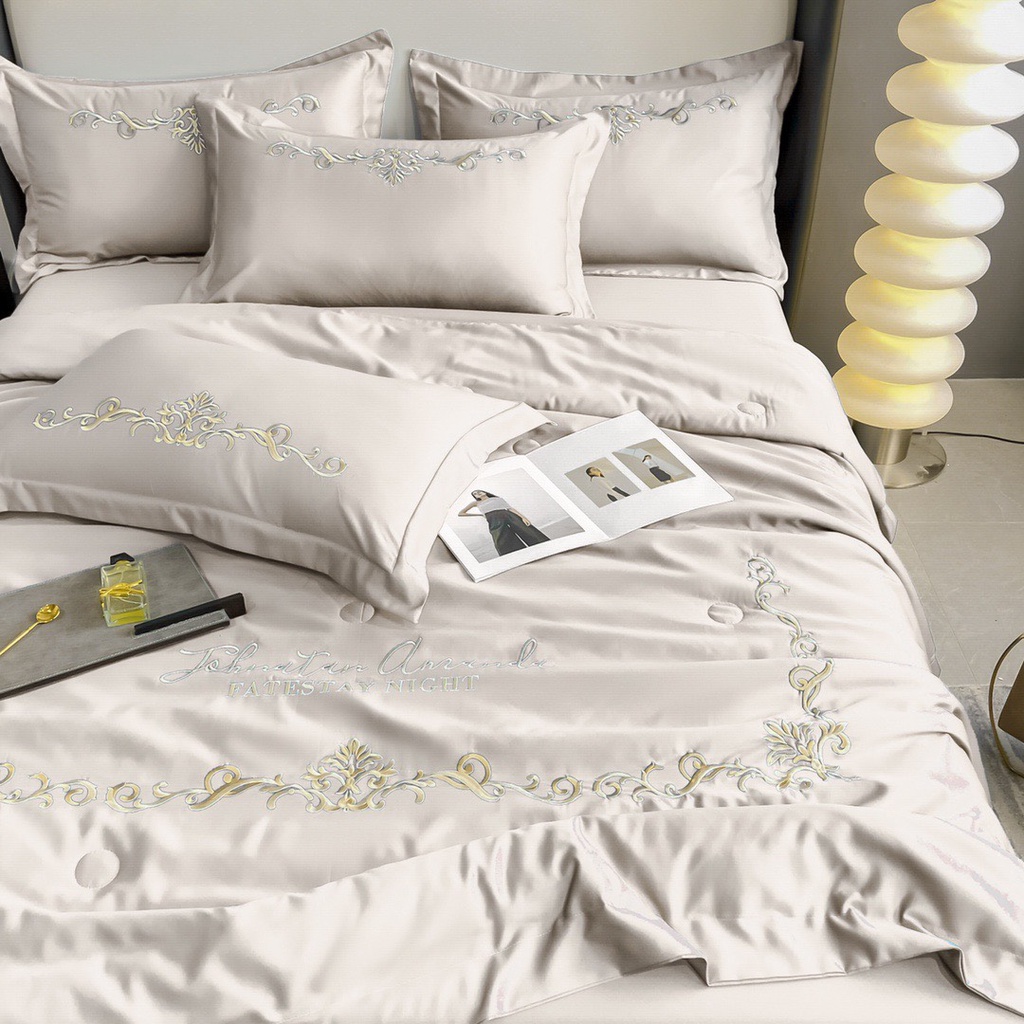Bộ chăn ga gối lụa chăn trần- Chất Liệu Lụa Silk thoáng mát hàng thêu vân cao cấp sẵn hãng miễn phí bo chun