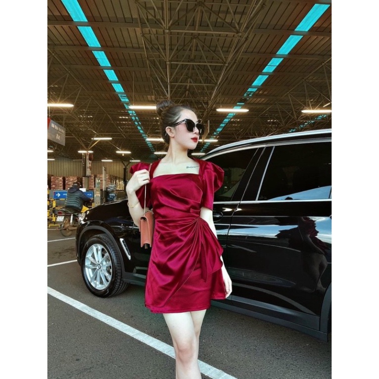Đầm Tay Phồng Nhún Eo , Đầm Dự Tiệc Đi Chơi Dạo Phố, Váy Satin Cao Cấp  - Hàng mới về