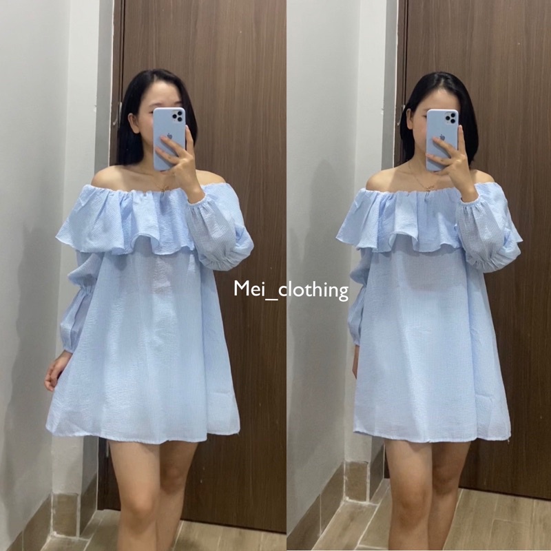 Váy trễ vai tiểu thư chất xốp, váy nữ dáng ngắn tay bồng