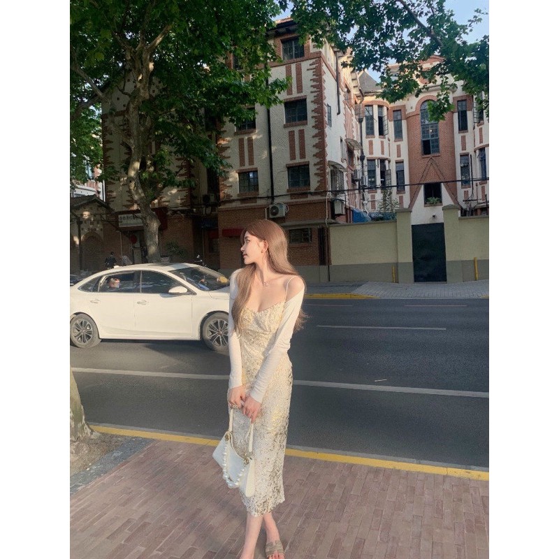 Set áo 2 dây body sang chảnh+ chân váy dài in chìm + cardigan