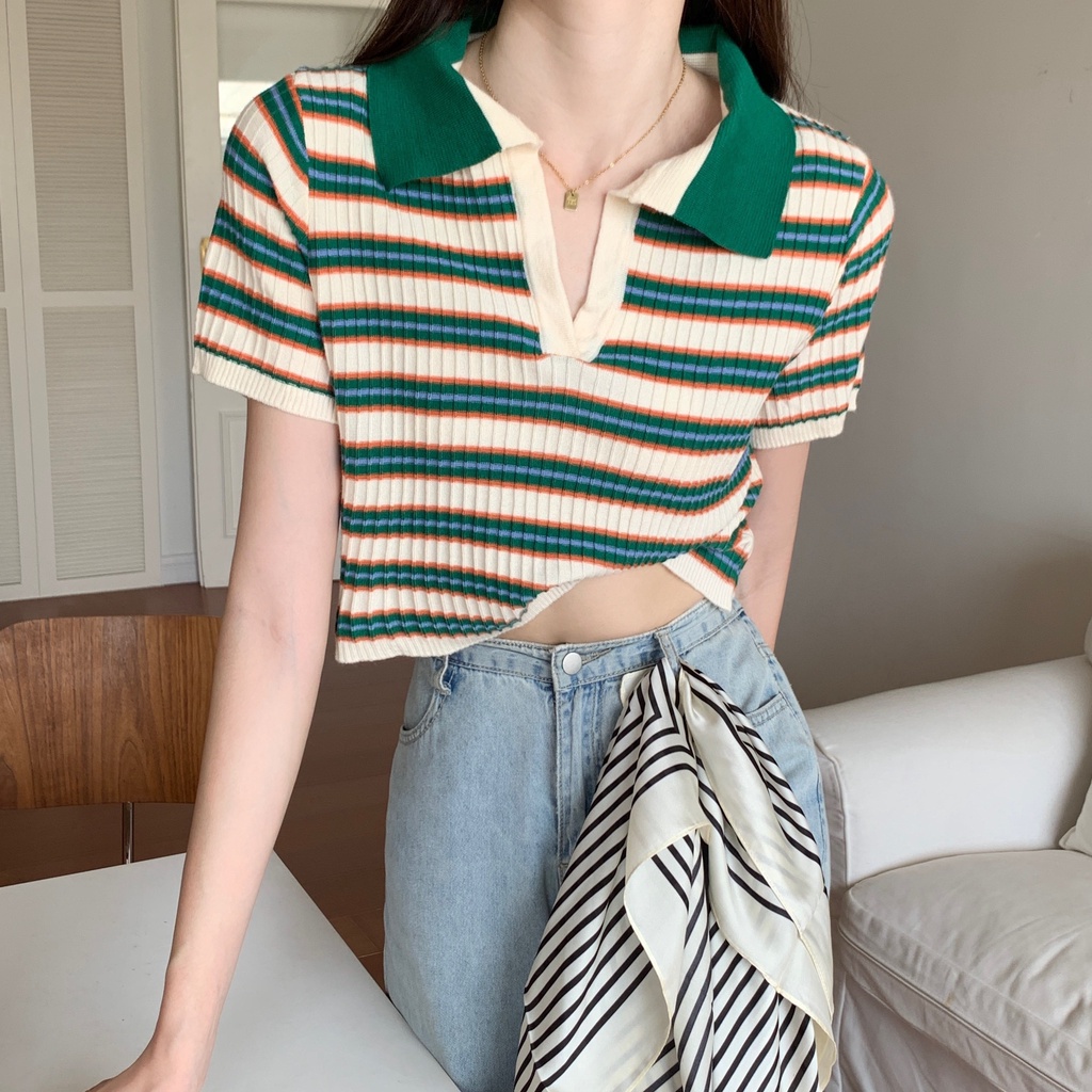 SUXI Áo Polo Dệt Kim Ngắn Tay Dáng Ôm Kẻ Sọc Kiểu Vintage Thời Trang Mùa Hè Năng Động