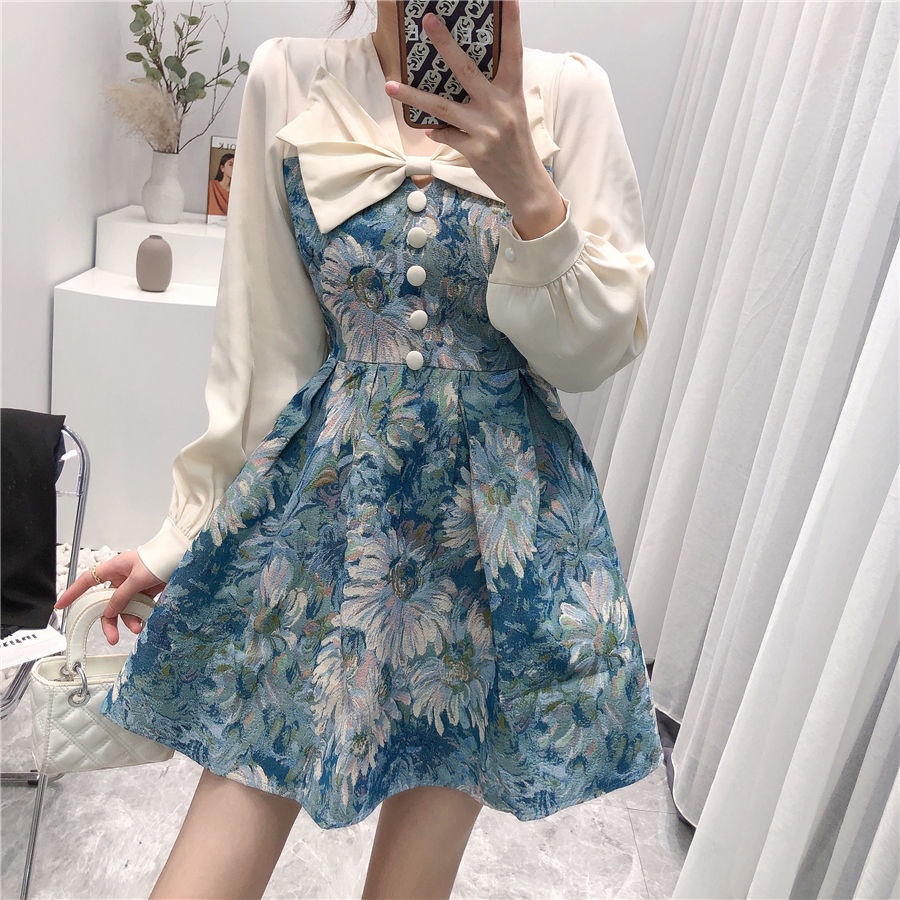 Đầm Chữ A Dài Tay Eo Cao In Họa Tiết Retro Châu Âu Thời Trang Cho Nữ