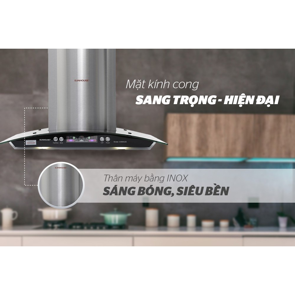 Máy hút mùi kính cong SUNHOUSE SHB6626 , độ ồn ít và tiết kiệm điện