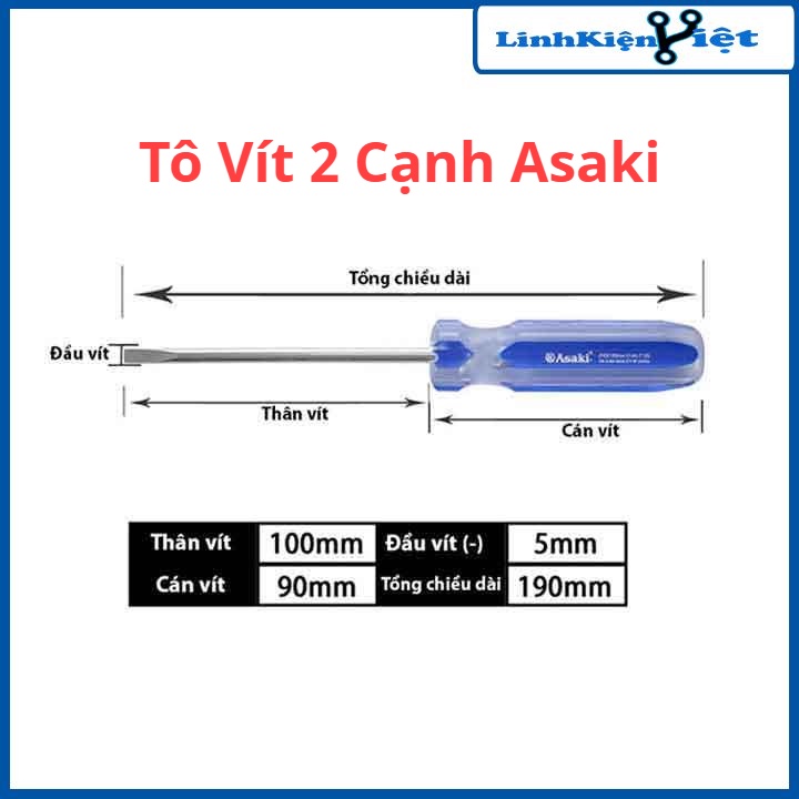 Tô vít 2 cạnh, tua vít Asaki AK-7125, AK-7115 kích thước 5x100mm, 3X100mm
