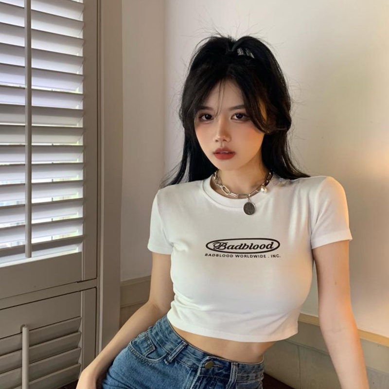 Áo Thun Croptop Tay Ngắn Cổ Tròn In Chữ Phong Cách Harajuku Vintage Thời Trang Mùa Hè Cho Nữ