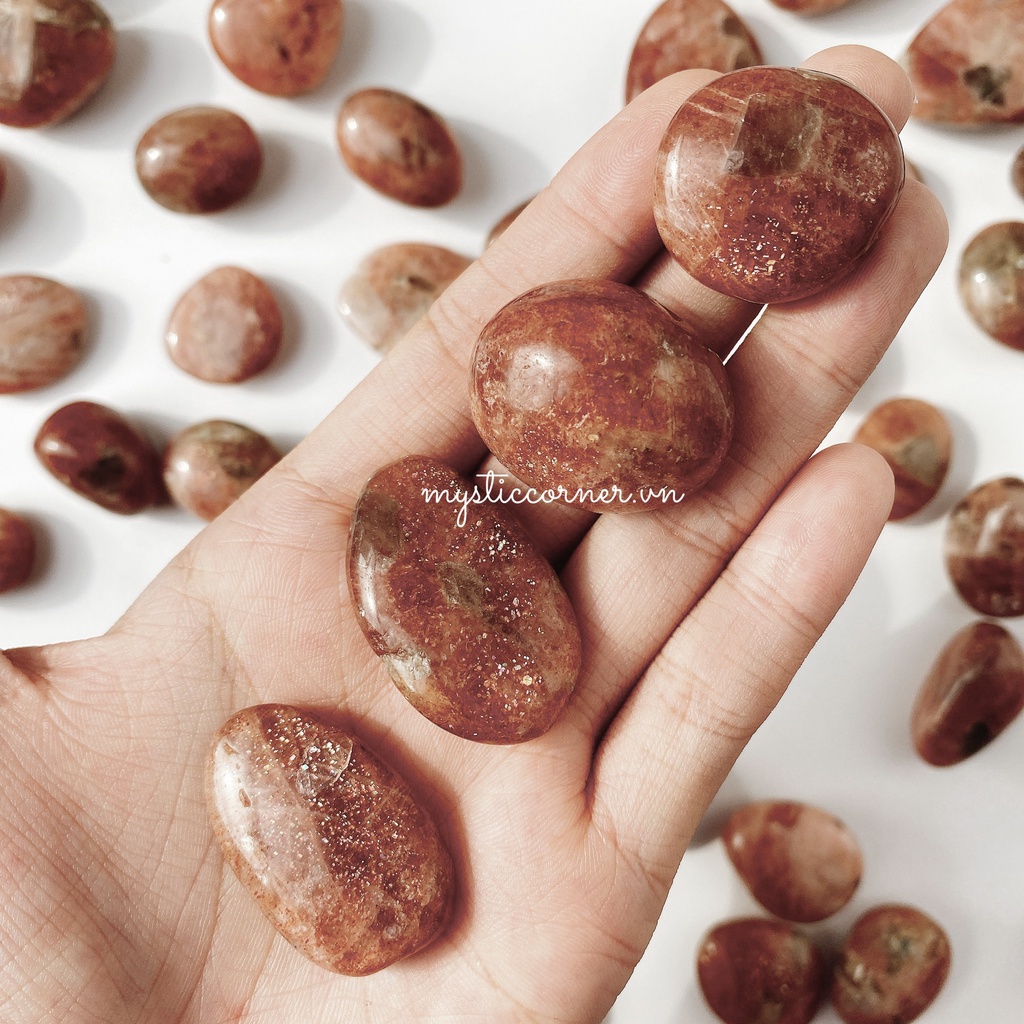 Viên Tumbled đá Sunstone (đá mặt trời), đá thanh tẩy, đá phong thủy tự nhiên dùng trong Tarot, Reiki, thiền định