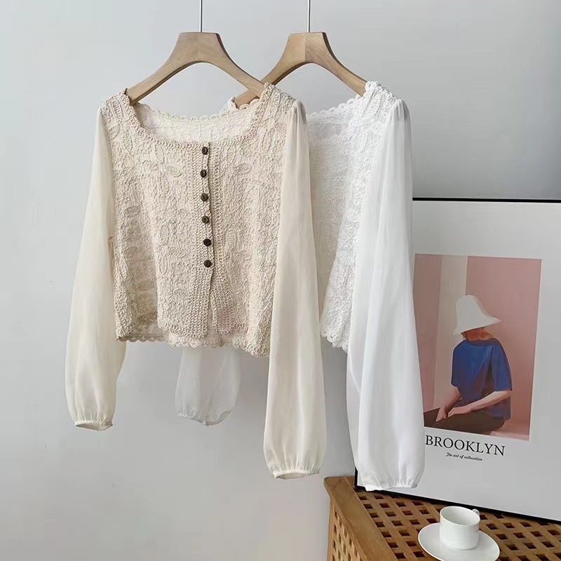 Áo Sơ Mi Chiffon Tay Phồng Phối Ren Kiểu Mỏng Thời Trang Cá Tính