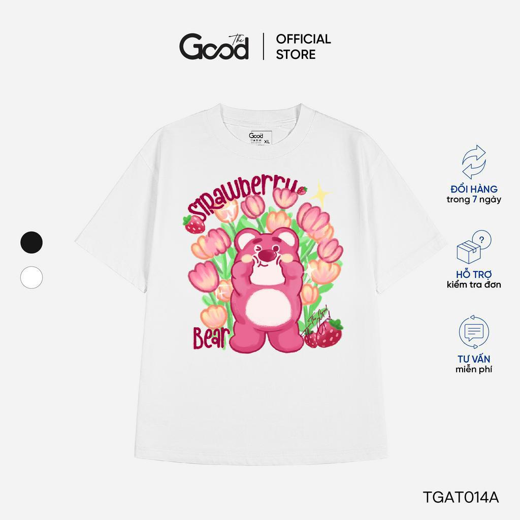 Áo Phông THE GOOD "Tulip Strawberry", Áo Phông Nữ In Hình Hoa Tulip Và Gấu Hồng Form Oversize 2 Màu Trắng Đen Basic