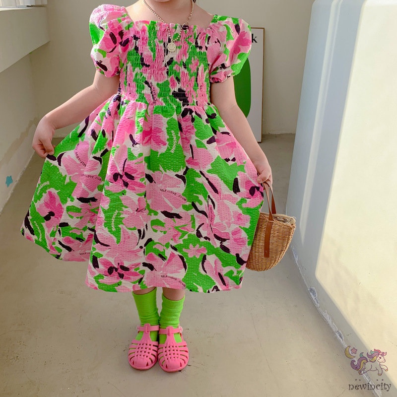 Đầm Công Chúa Tay Phồng Ngắn In Hoa Kiểu Hàn Quốc Thời Trang Mùa Hè Cho Bé Gái