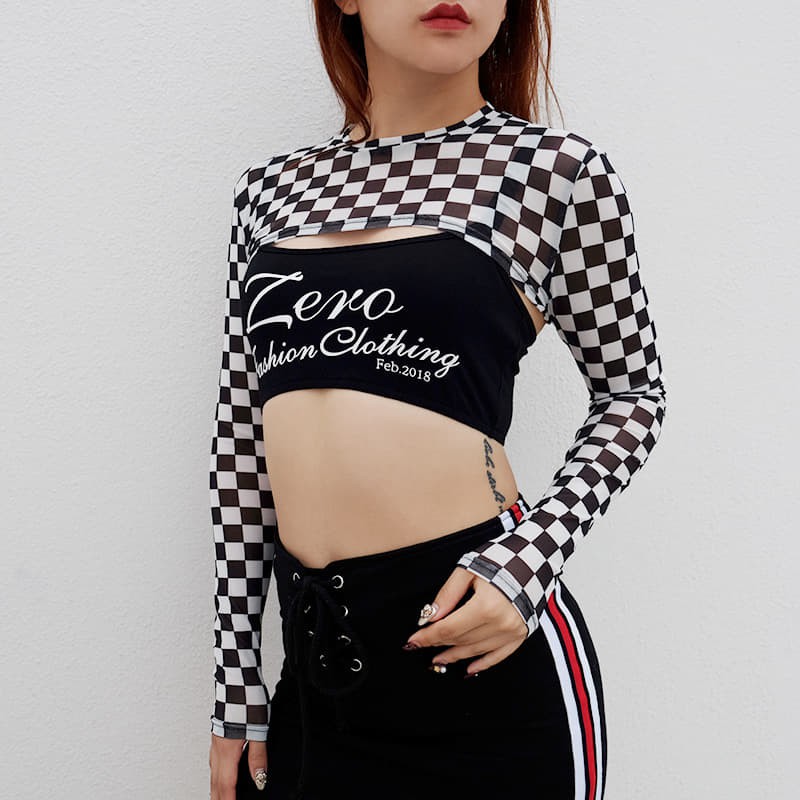 ÁO CROPTOP DÀI TAY CARO CÓ MŨ, ÁO TẬP NHẢY DANCE