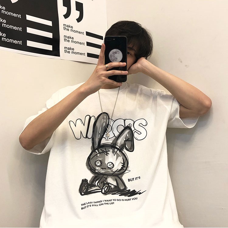 Áo Thun Tay Lỡ Hình Con Thỏ Ngỗ Nghĩnh , Phông Phom Thụng Phong Cách Unisex Dành Cho Nam Nữ