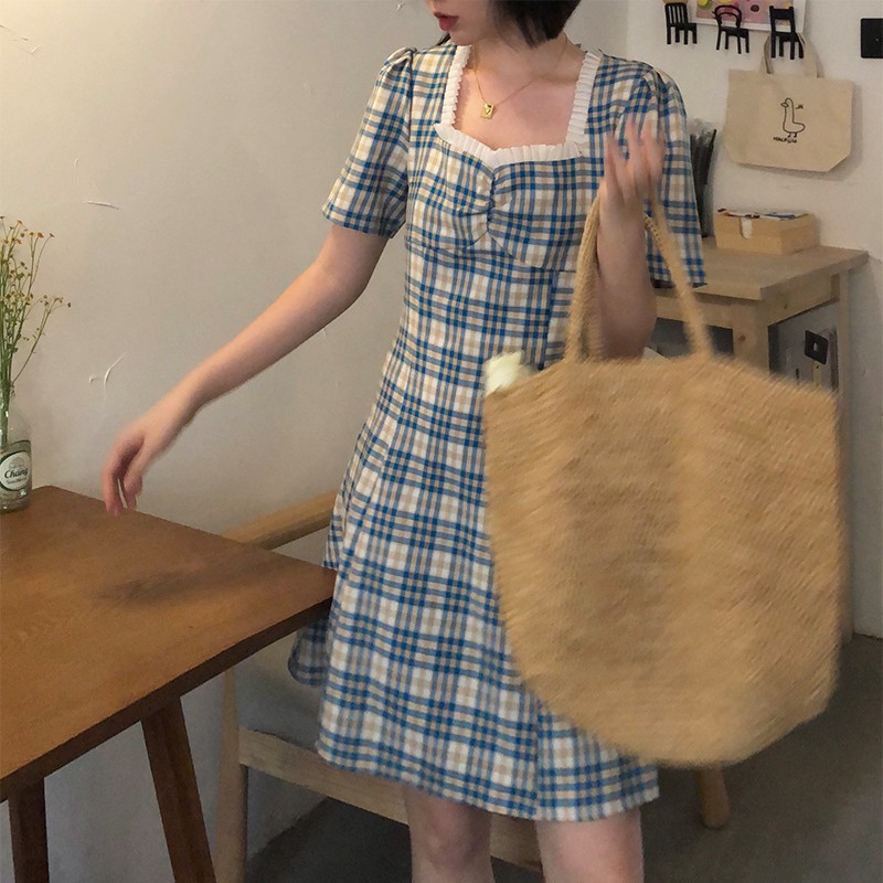 Xiaozhainv Đầm tay phồng ngắn cổ vuông họa tiết sọc caro thời trang Hàn Quốc dành cho bạn nữ | BigBuy360 - bigbuy360.vn