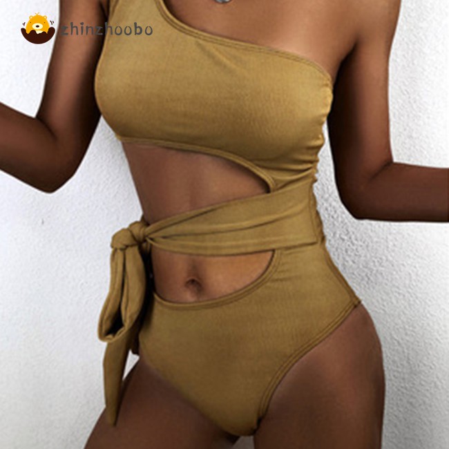 COD Nylon One-piece Swimsuit Pierced One-shoulder Strappy Bikini  Swimsuit