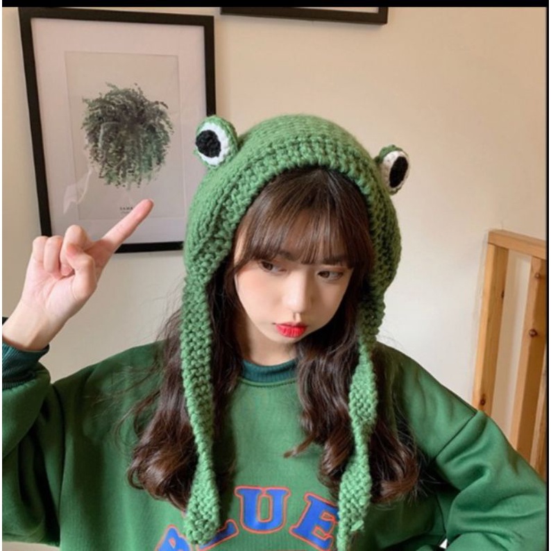 mũ len xanh trùm đầu con ếch dễ thương 🍀♥️