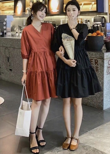 Đầm cổ V tay lỡ 2 màu (kèm hình thật) | BigBuy360 - bigbuy360.vn