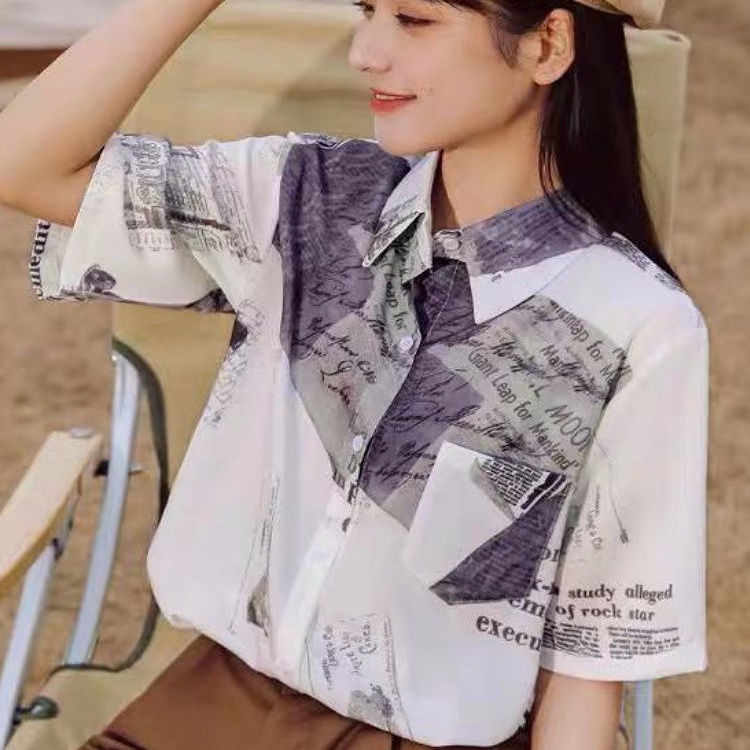AMOI Áo Sơ Mi Ngắn Tay Dáng Rộng In Họa Tiết Thời Trang Nhật Bản 2022 Dành Cho Nữ