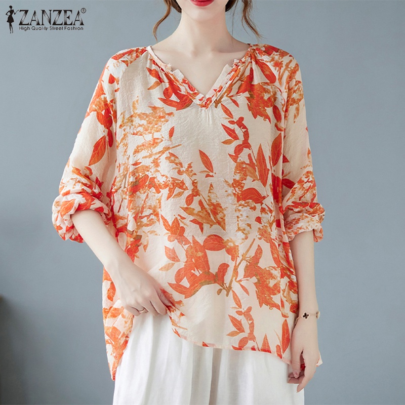 Áo dáng dài ZANZEA dáng rộng tay dài cổ chữ V cổ tay co giãn in họa tiết vintage thời trang cho nữ