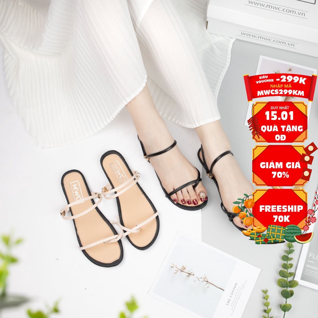 Giày Sandal Nữ Thời Trang MWC Đế Bệt Quai Mảnh Cách Điệu Trẻ Trung Cho Nữ Màu Đen Kem NUSD- 2728