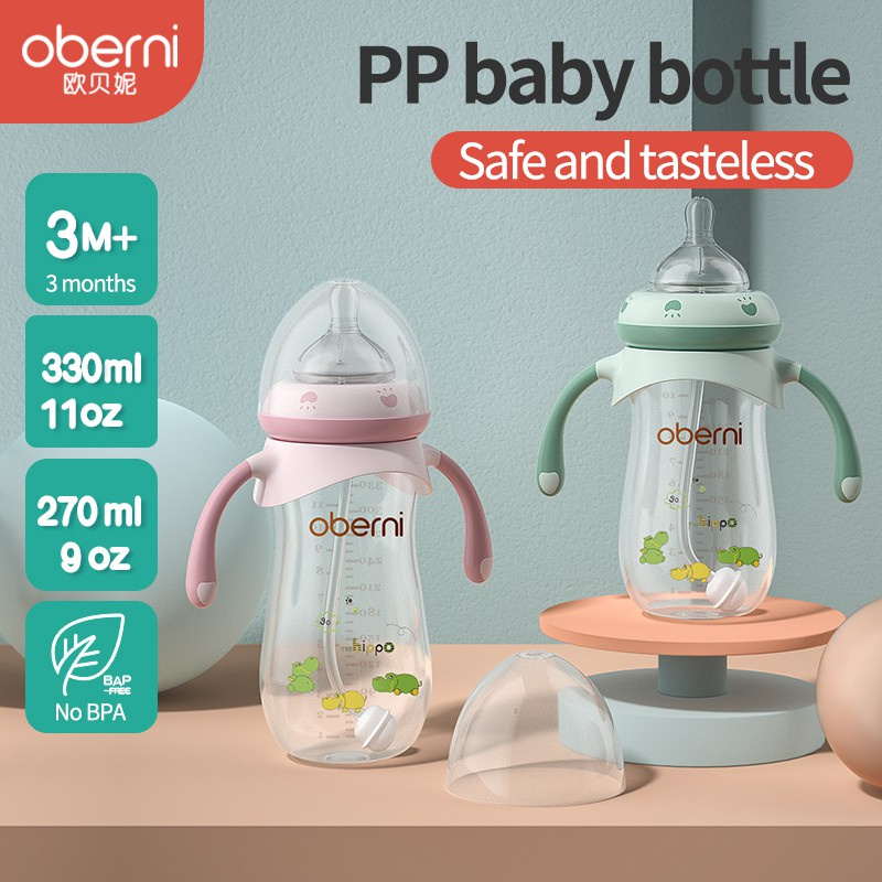 Oberni Bình sữa trẻ em Cho ăn PP cổ rộng Sữa mới sinh Mẫu in Chống rơi và chống Colic 270ml 330ml