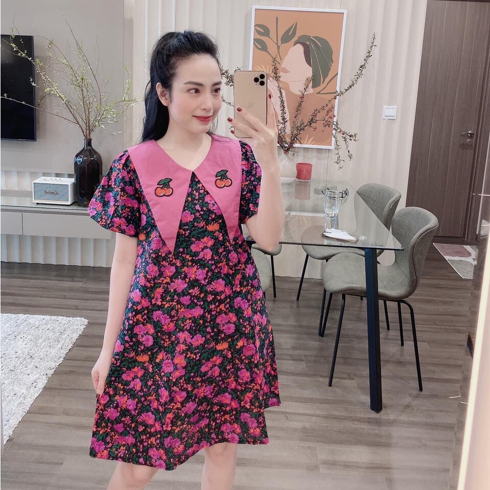 Váy hoa tay bồng cổ vạt hồng siêu hot