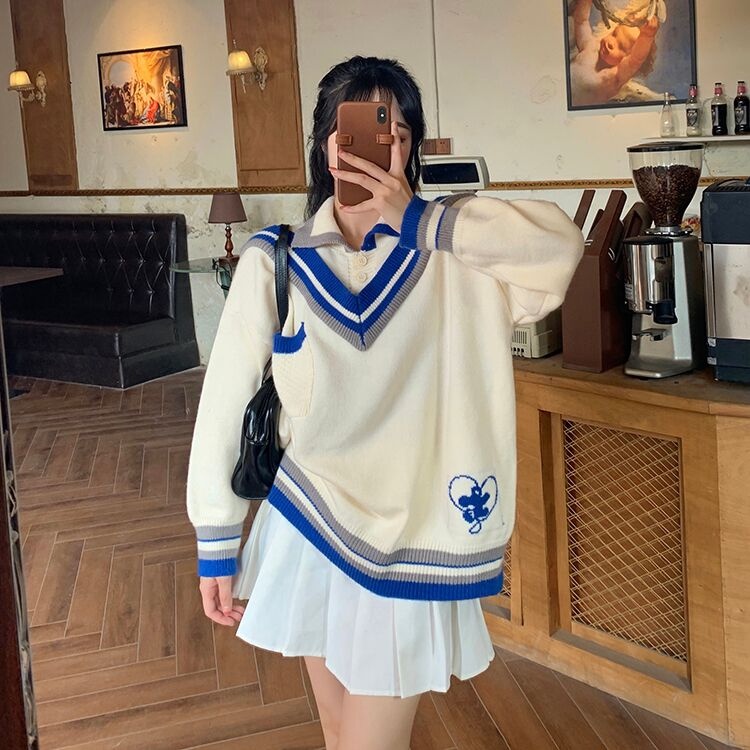 Áo thun polo ZHELIHANGFEI dài tay giả hai lớp phong cách preppy dễ phối đồ cho nữ