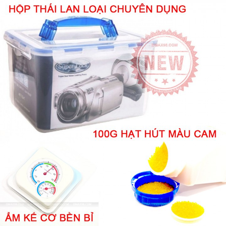 Hộp chống ẩm SuperLock Thái Lan 8,4L + hạt hút ẩm + ẩm kế - tặng bút lau lens