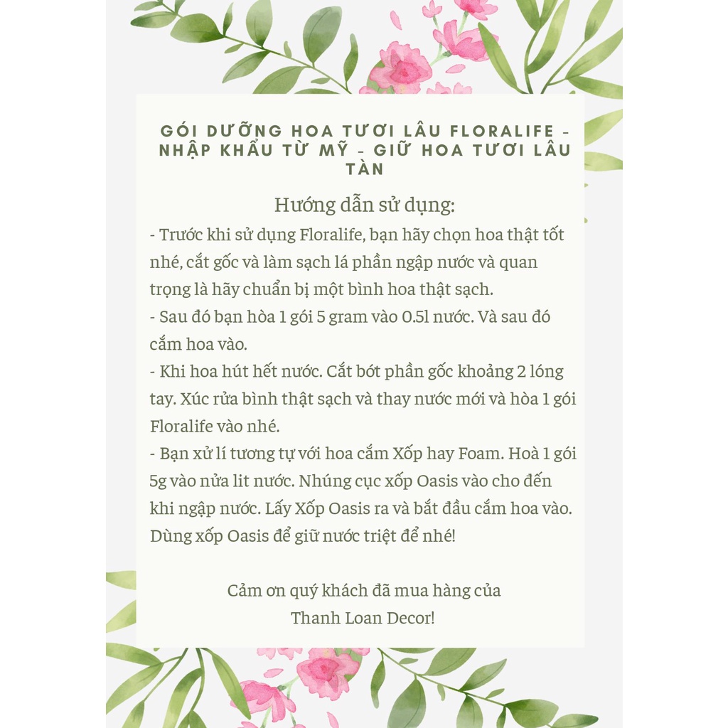 Gói dưỡng hoa tươi lâu Floralife - Nhập khẩu từ Mỹ - Giữ hoa lâu trong lọ hoa bình hoa