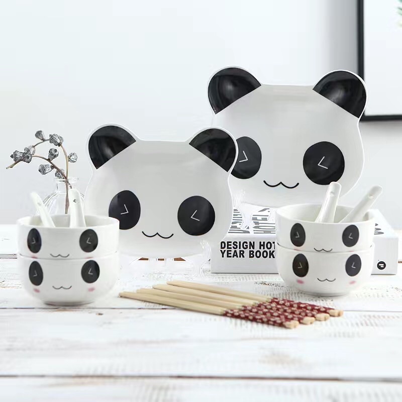 Set bát đĩa sứ hình gấu trúc dễ thuơng 14sp ( có video tự quay sp thật )