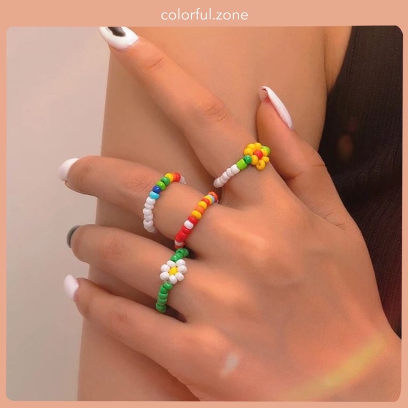 Nhẫn xỏ hạt cườm handmade nhiều màu