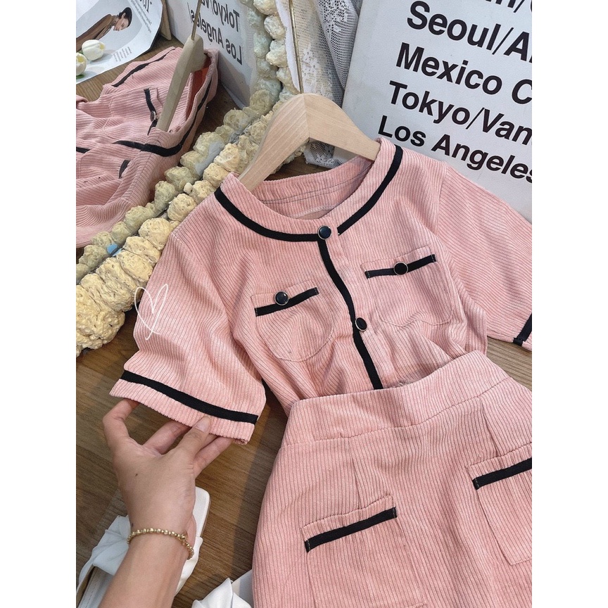 SET NHUNG GÂN ÁO HỒNG VIỀN ĐEN + CHÂN VÁY HỒNG LÓT QUẦN