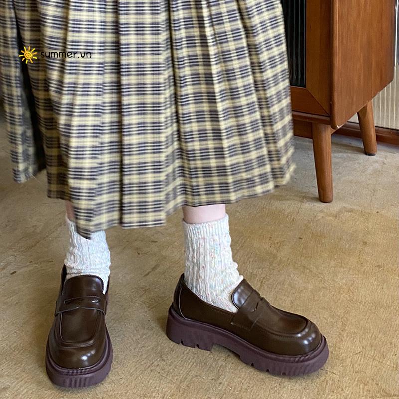 Giày Lười Da Mũi Tròn Đế Dày Tăng Chiều Cao Màu Nâu Phong Cách Anh Quốc Thời Trang Mùa Thu 2022 Cho Nữ