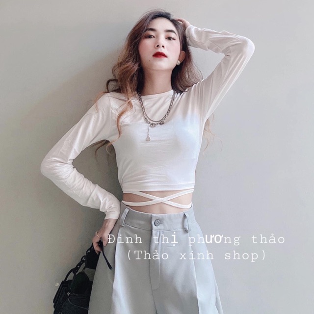 Áo croptop buộc bụng tay dài, cột dây eo tay dài B2UZ7U