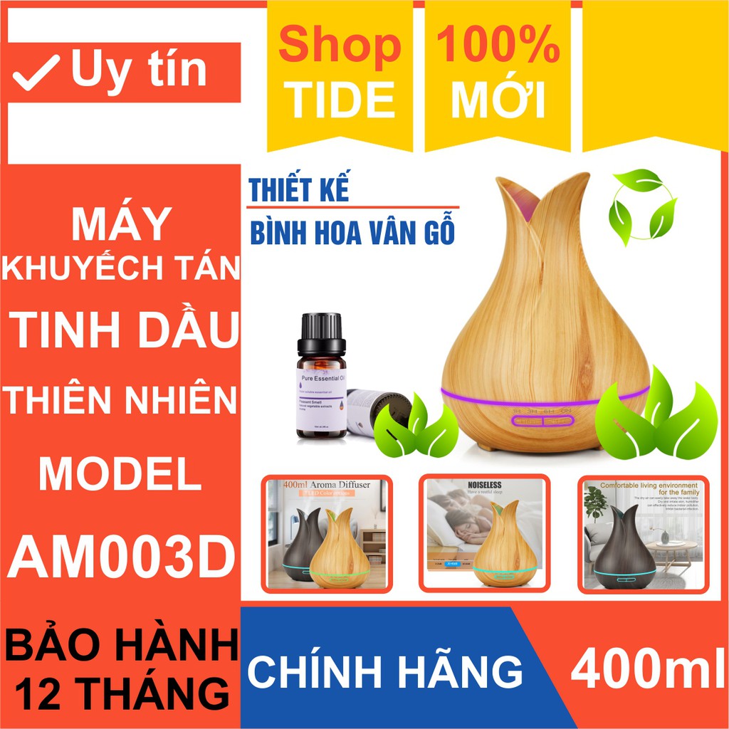 Thiết bị khuếch tán tinh dầu Aroma AM003D – Thiết kế bình hoa vân gỗ – Dung tích 400ml - Led 7 màu – Bảo hành 1 năm