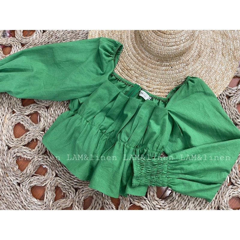 Áo tay phồng vải Linen xếp nhún ngực