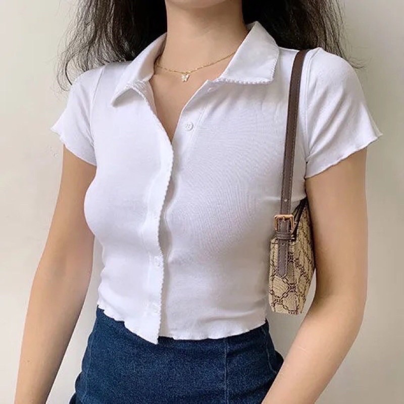 [Mã 11FASHIONSALE1 giảm 10k đơn 50k] (Sẵn) Áo polo tay ngắn dáng croptop trắng cổ bẻ cài nút cực xinh