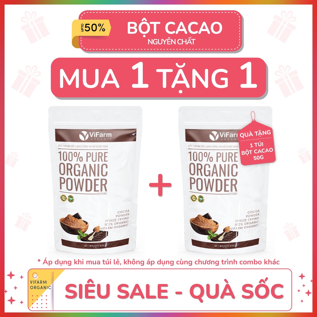 Bột Ca Cao Nguyên Chất 100% ViFarm 50Gram, Bột Cacao không đường, Hỗ Trợ Giảm Cân, Ăn Kiêng