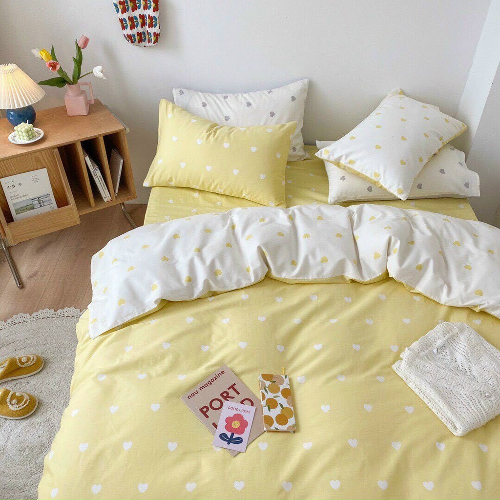 4 Món Chăn Ga Gối Mền Cotton Poly. Thương Hiệu Evily Mẫu TIM TRẮNG VÀNG Siêu Xinh Và Dễ Thương - EvilyDecor