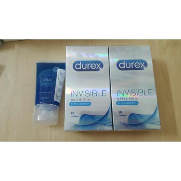 Giảm Giá [COMBO 2 Hộp] Bao cao su Durex Invisible - BCS siêu mỏng cảm giác thật + TẶNG 1 Gel durex Play 50 ml