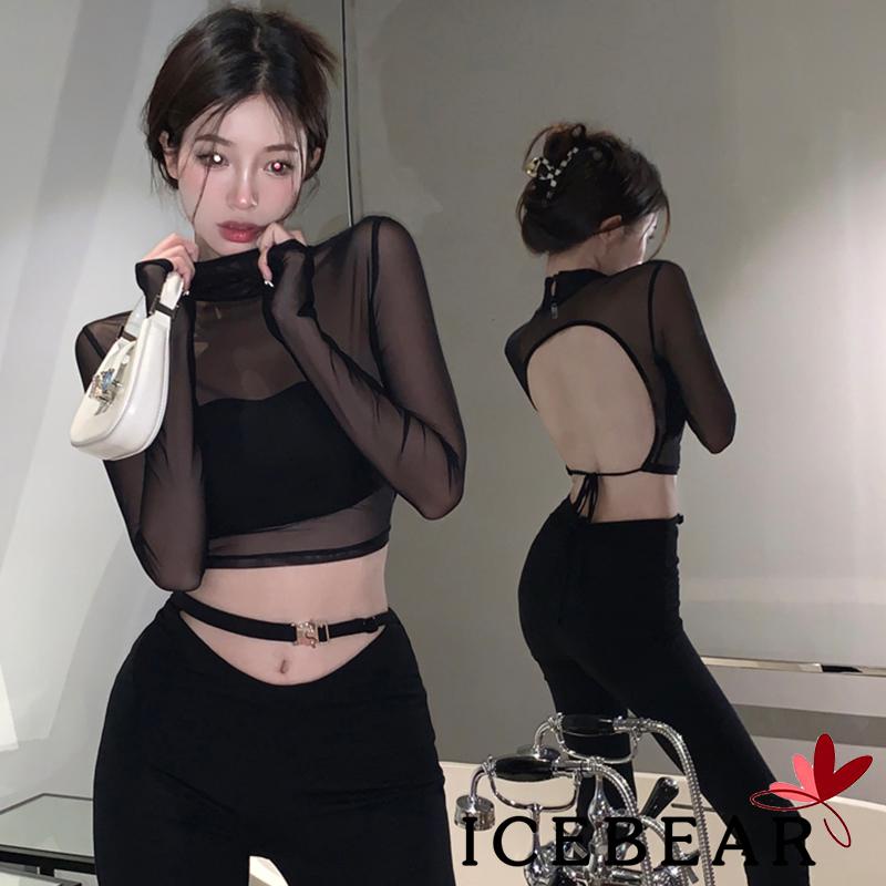 Áo Thun Crop Top Tay Dài Màu Trơn Phối Lưới Xuyên Thấu Cột Dây Hở Lưng Thời Trang Đường Phố Cho Nữ