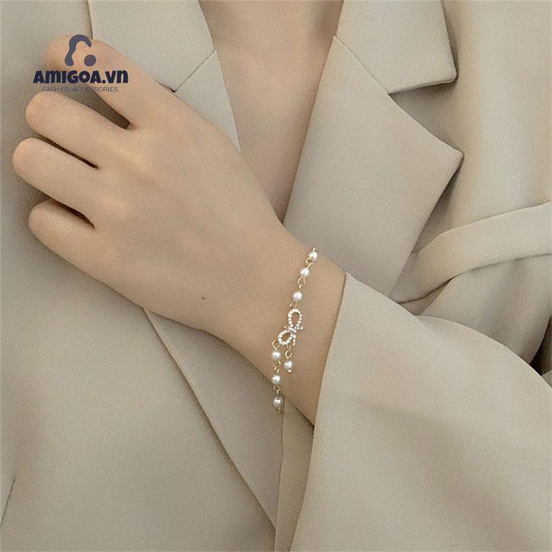 【amigoa.Aq】Vòng Tay Đính Đá Ngọc Trai Kim Cương Giả Thắt Nơ Ngọt Ngào Đa Năng Cho Nữ
