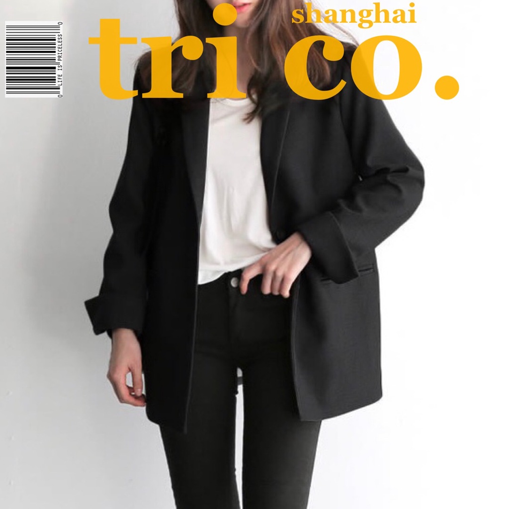 Áo khoác blazer dáng rộng màu đen trơn phong cách Hàn Quốc cho nữ blazer