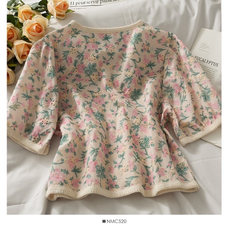 Áo sơ mi hoa nữ khuy cài DORIS, áo kiểu nữ ngắn tay cổ chữ V hàng Quảng Châu cao cấp siêu mềm mát | BigBuy360 - bigbuy360.vn