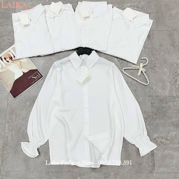 Áo sơ mi trắng nữ tay dài bo chun nhúm cổ bẻ form rộng vừa đi học làm công sở chất vải lụa mát kiểu áo sơ mi nữ tay dài